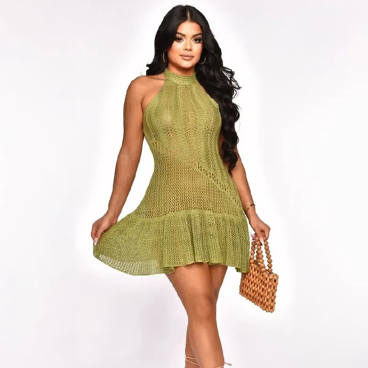 European and American women's 2024 summer new solid color sleeveless hanging neck backless knitted dress