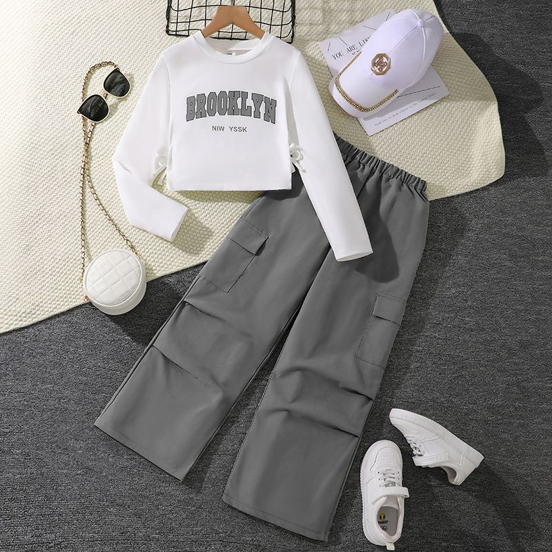 Zhongda Children's Set Cross border Women's Clothing Autumn New Versatile Letter Long Sleeve Hoodie American Work Pants Two Piece Set