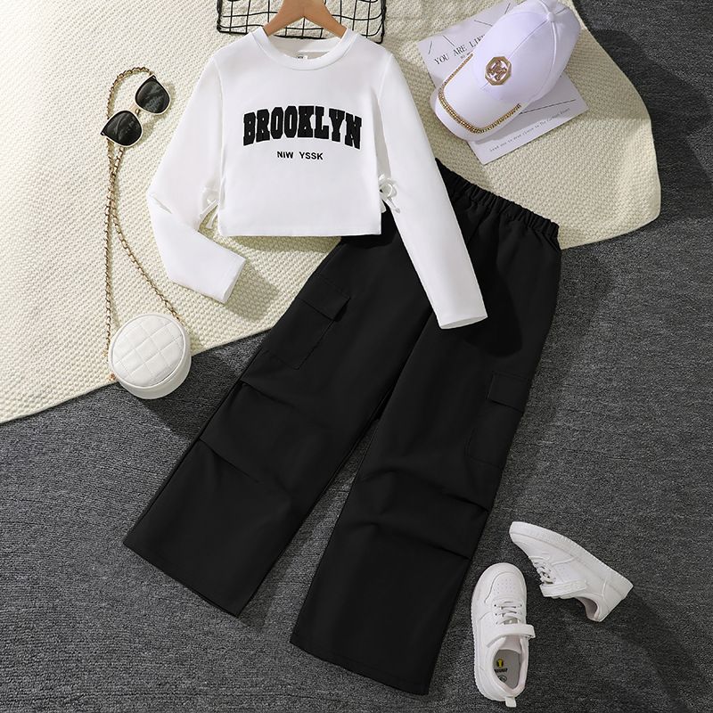 Zhongda Children's Set Cross border Women's Clothing Autumn New Versatile Letter Long Sleeve Hoodie American Work Pants Two Piece Set