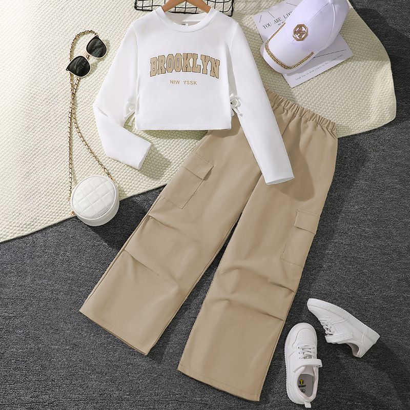 Zhongda Children's Set Cross border Women's Clothing Autumn New Versatile Letter Long Sleeve Hoodie American Work Pants Two Piece Set