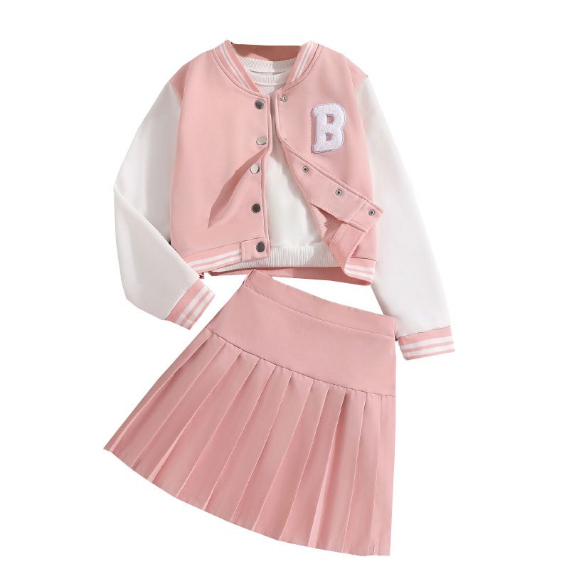 Girls' Spring and Autumn Sports Set New Korean Version Baseball Jacket, pleated skirt, college style two-piece set