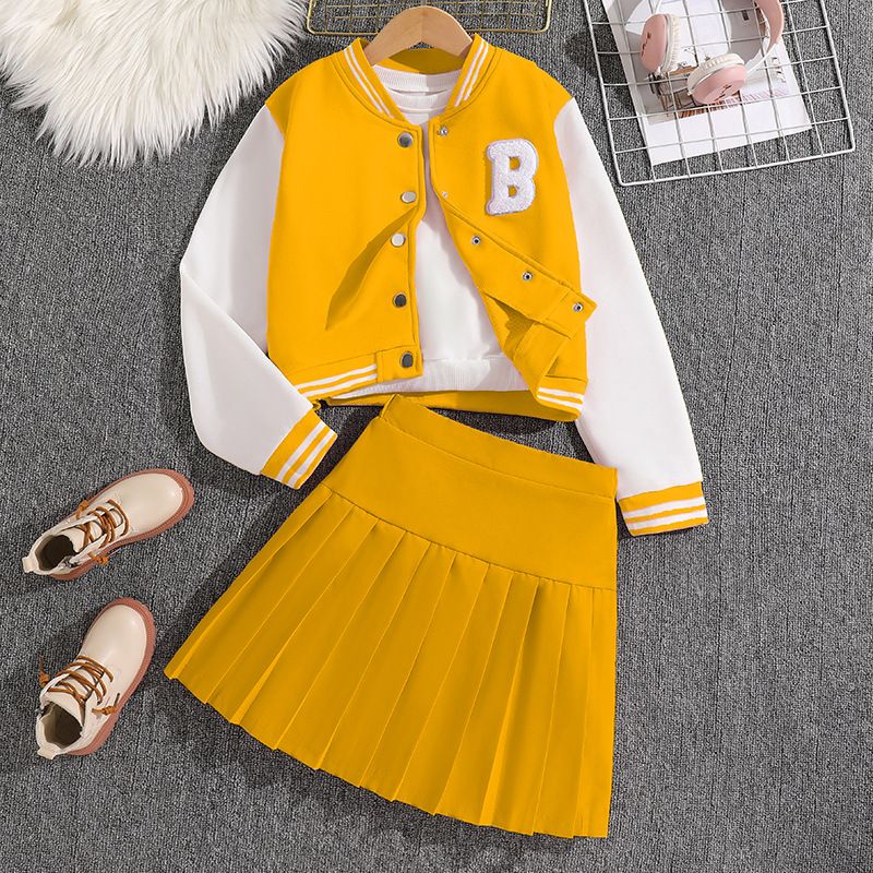 Girls' Spring and Autumn Sports Set New Korean Version Baseball Jacket, pleated skirt, college style two-piece set