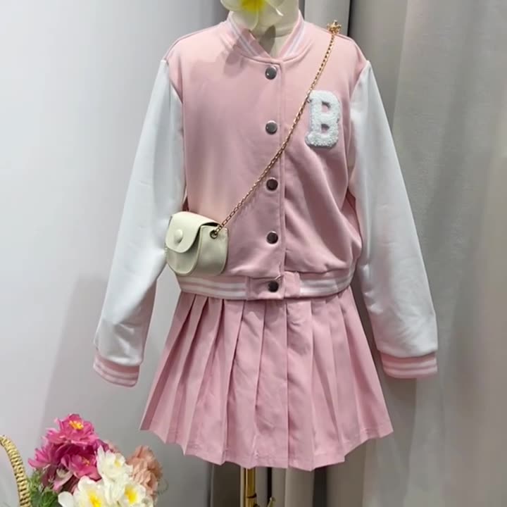 Girls' Spring and Autumn Sports Set New Korean Version Baseball Jacket, pleated skirt, college style two-piece set