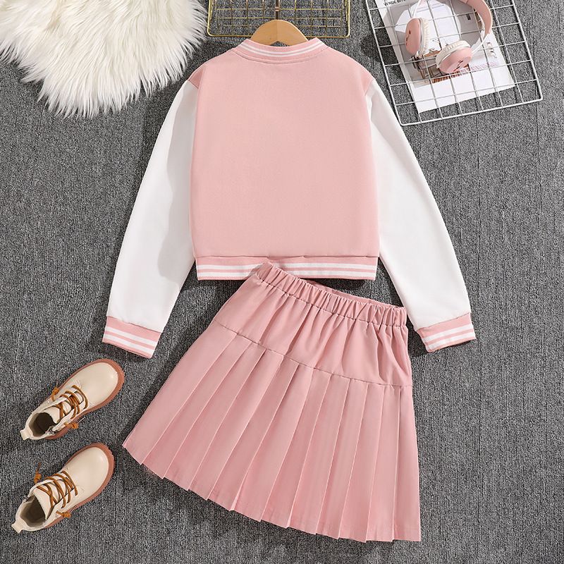 Girls' Spring and Autumn Sports Set New Korean Version Baseball Jacket, pleated skirt, college style two-piece set