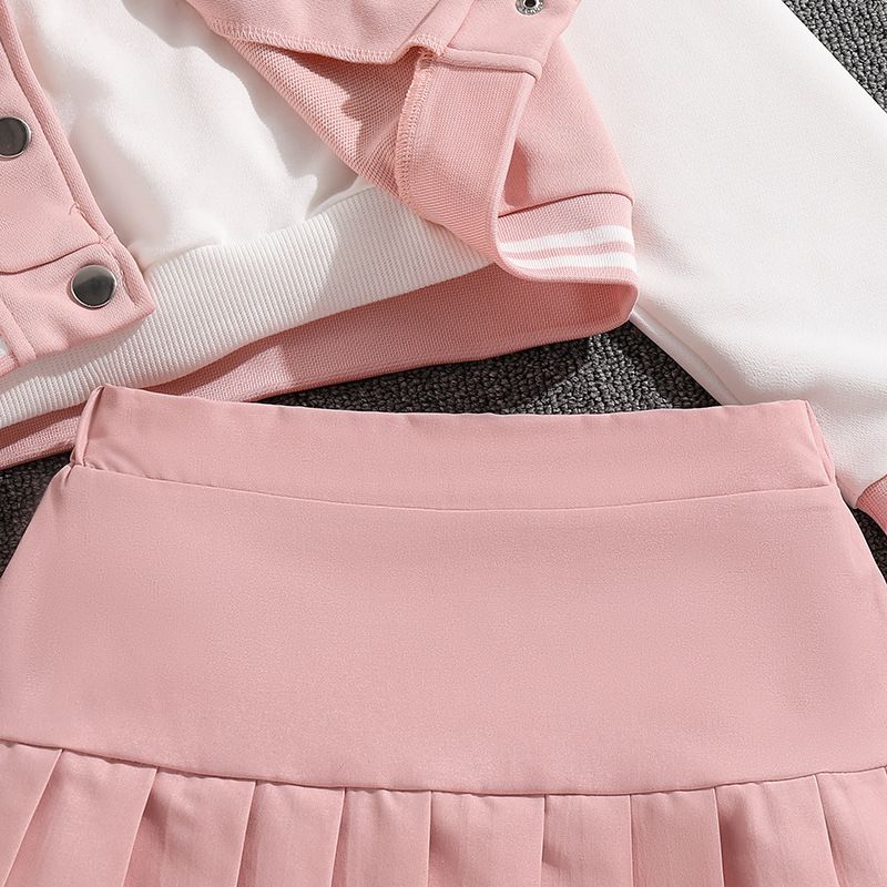 Girls' Spring and Autumn Sports Set New Korean Version Baseball Jacket, pleated skirt, college style two-piece set