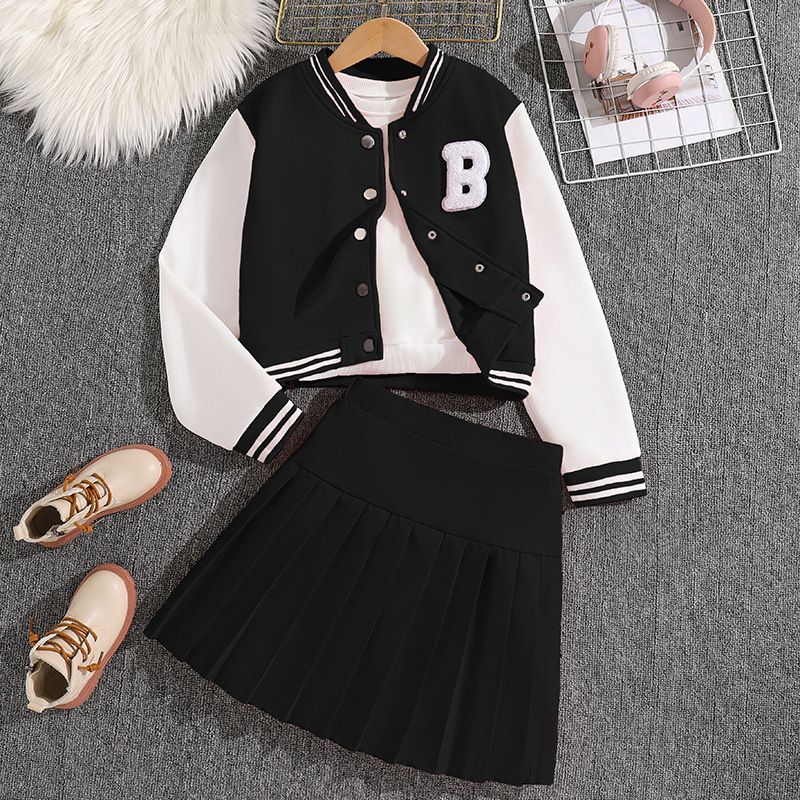 Girls' Spring and Autumn Sports Set New Korean Version Baseball Jacket, pleated skirt, college style two-piece set