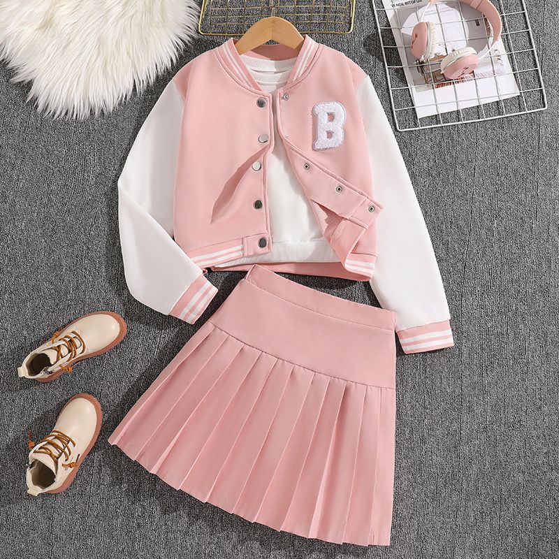 Girls' Spring and Autumn Sports Set New Korean Version Baseball Jacket, pleated skirt, college style two-piece set