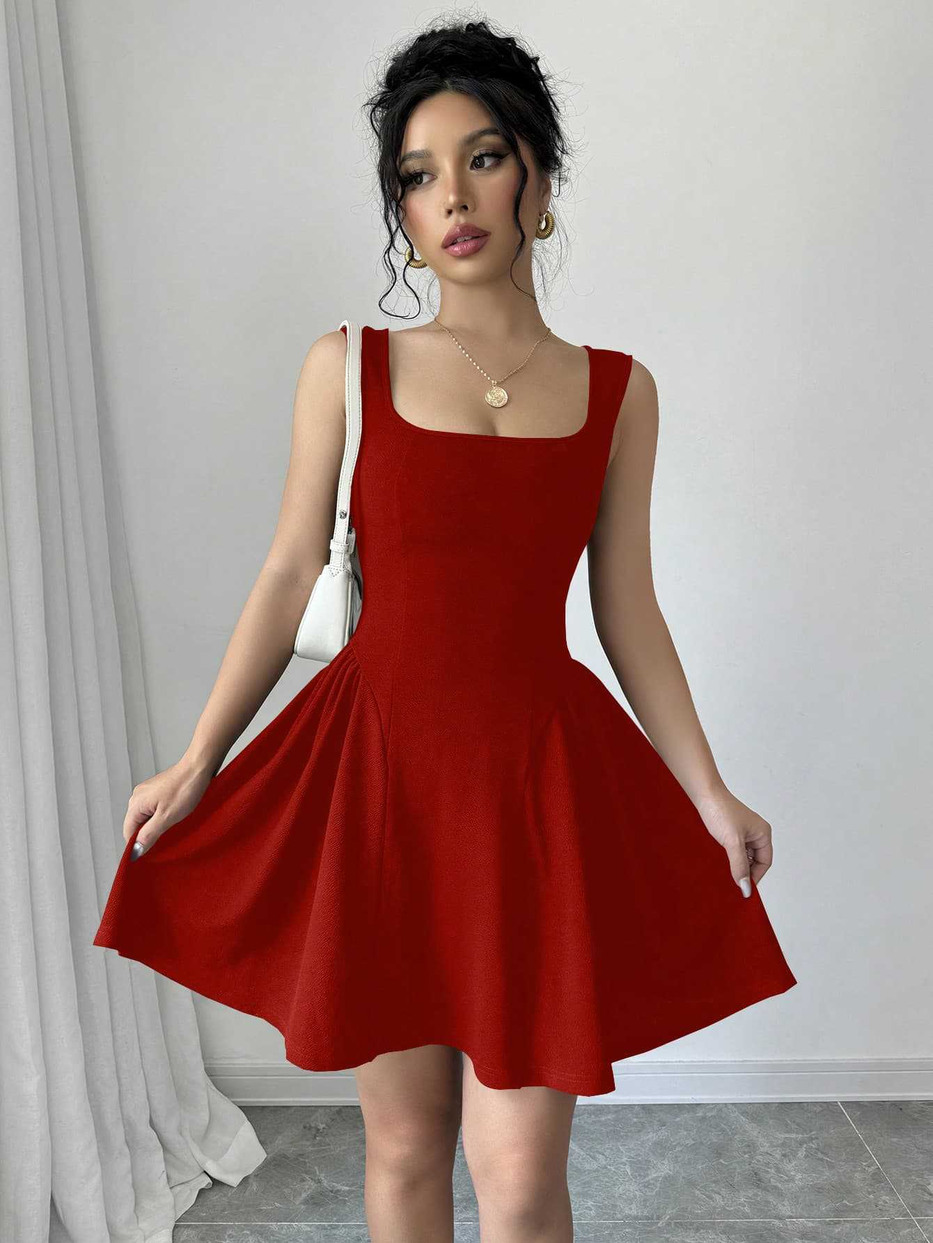 Casual square neckline solid color sleeveless mini dress European and American monochrome corset women's skirt