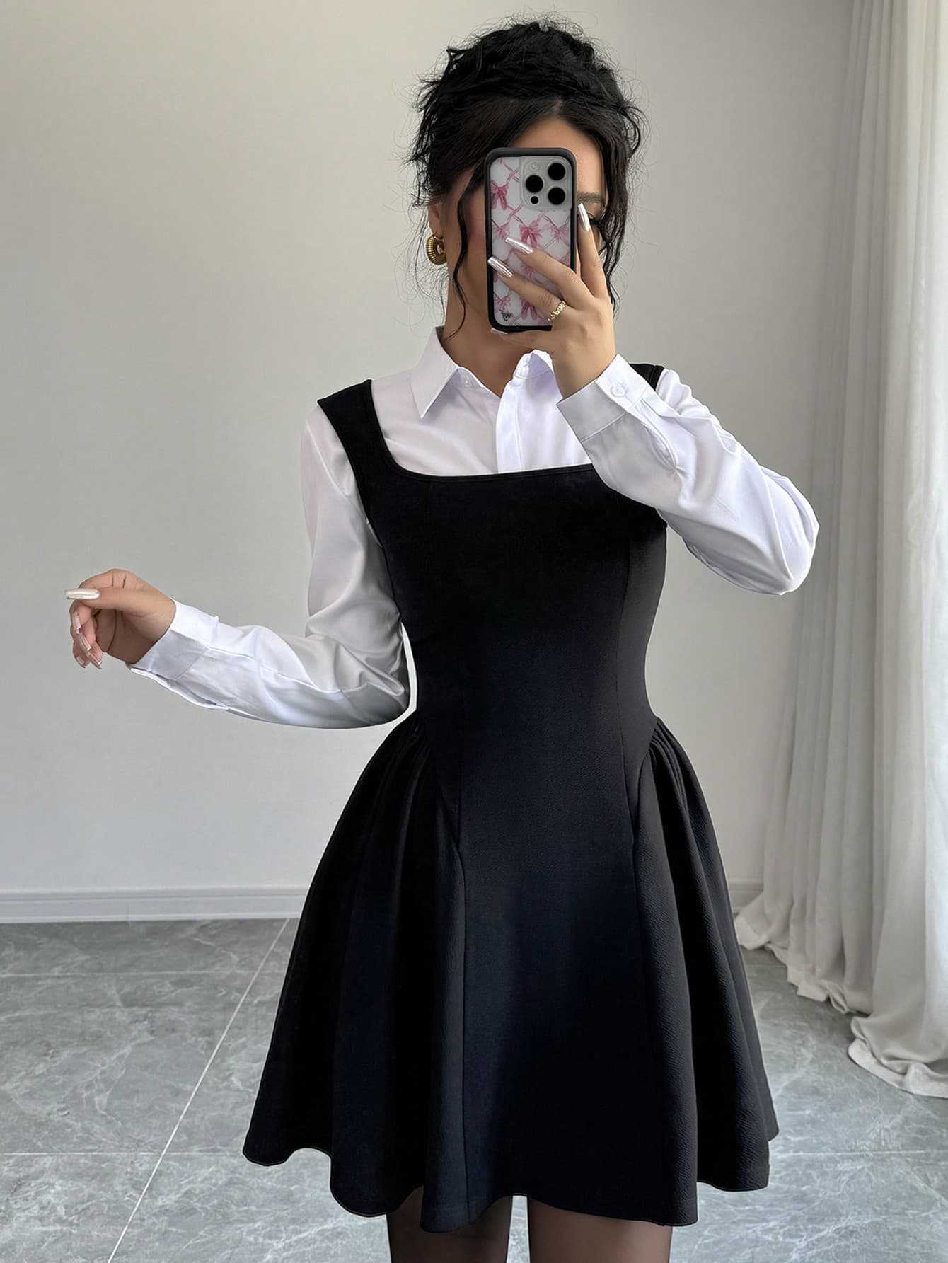 Casual square neckline solid color sleeveless mini dress European and American monochrome corset women's skirt
