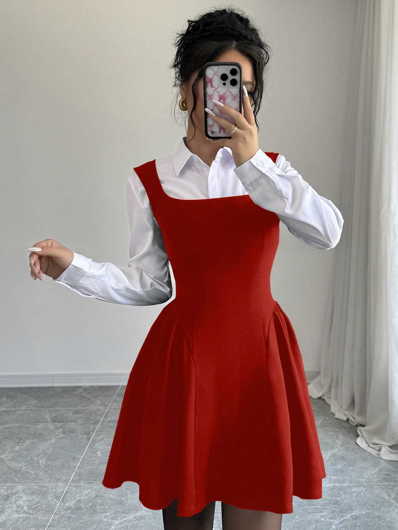 Casual square neckline solid color sleeveless mini dress European and American monochrome corset women's skirt