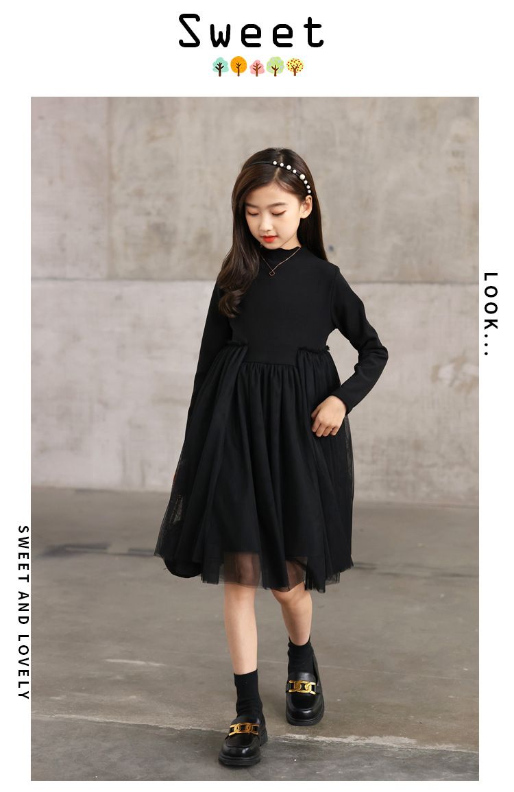New girls' dress for spring and autumn, with a base of fluffy gauze skirt and long sleeves for children