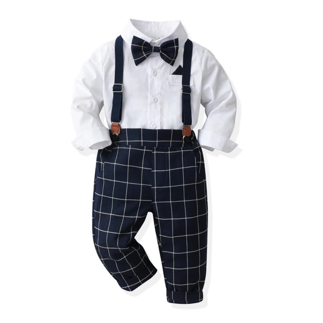 Korean version children's tie, pure white cotton shirt, spring and autumn boy baby strap, checkered pants set, flower girl performance dress