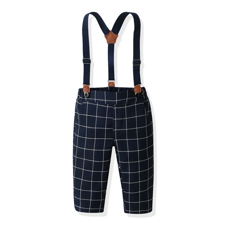 Korean version children's tie, pure white cotton shirt, spring and autumn boy baby strap, checkered pants set, flower girl performance dress