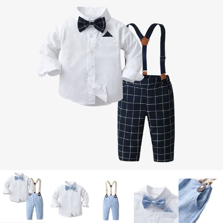 Korean version children's tie, pure white cotton shirt, spring and autumn boy baby strap, checkered pants set, flower girl performance dress