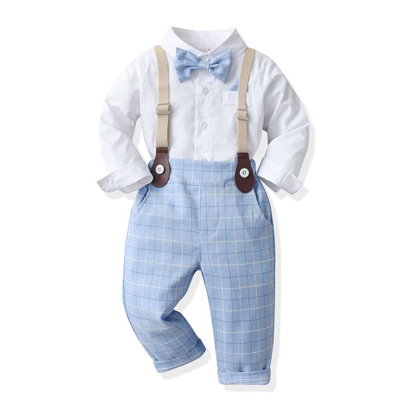 Korean version children's tie, pure white cotton shirt, spring and autumn boy baby strap, checkered pants set, flower girl performance dress