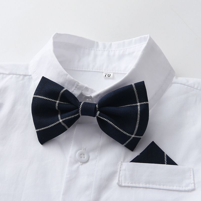 Korean version children's tie, pure white cotton shirt, spring and autumn boy baby strap, checkered pants set, flower girl performance dress
