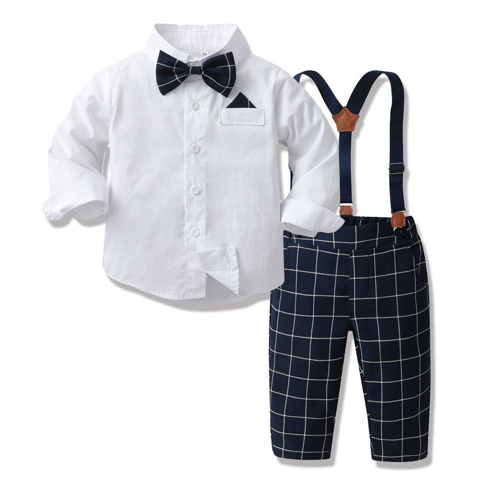 Korean version children's tie, pure white cotton shirt, spring and autumn boy baby strap, checkered pants set, flower girl performance dress