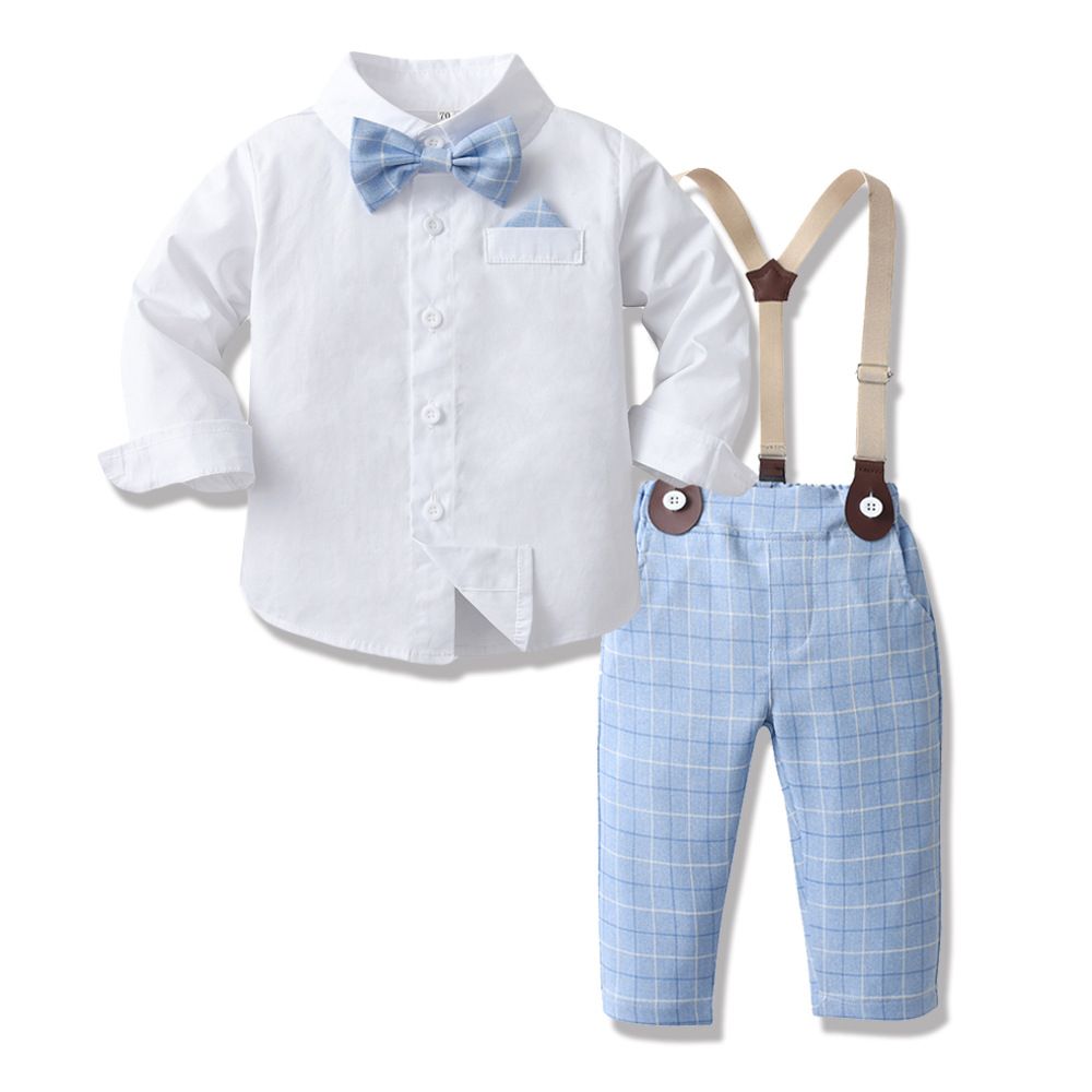 Korean version children's tie, pure white cotton shirt, spring and autumn boy baby strap, checkered pants set, flower girl performance dress