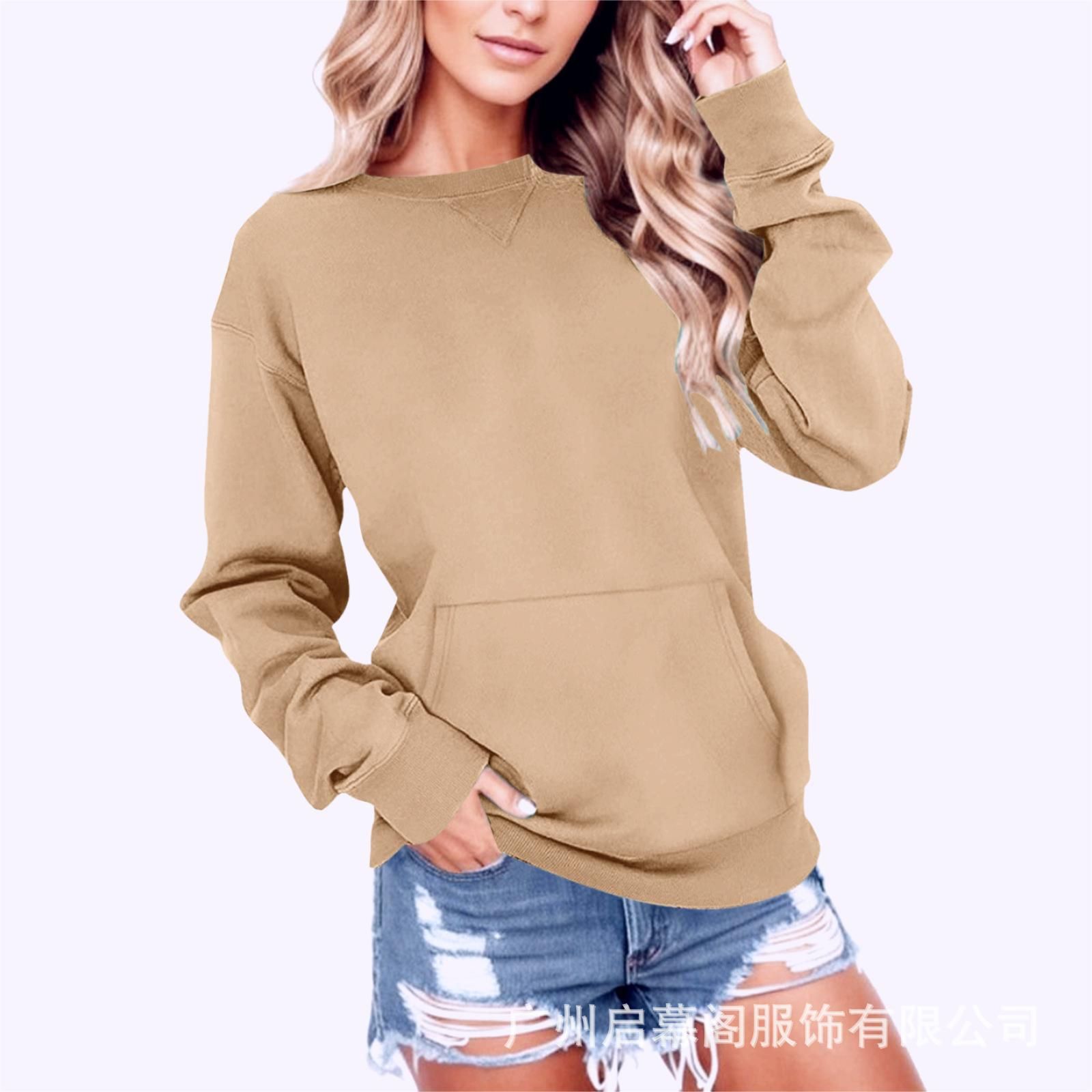 Amazon bestseller for European and American women's clothing: triangle neckline, loose round neck, pullover, long sleeved pocket, solid color hoodie