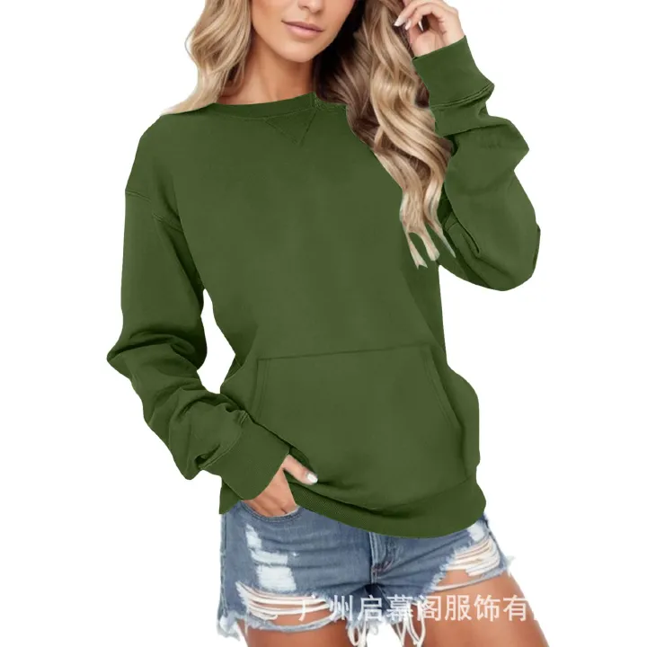 Amazon bestseller for European and American women's clothing: triangle neckline, loose round neck, pullover, long sleeved pocket, solid color hoodie
