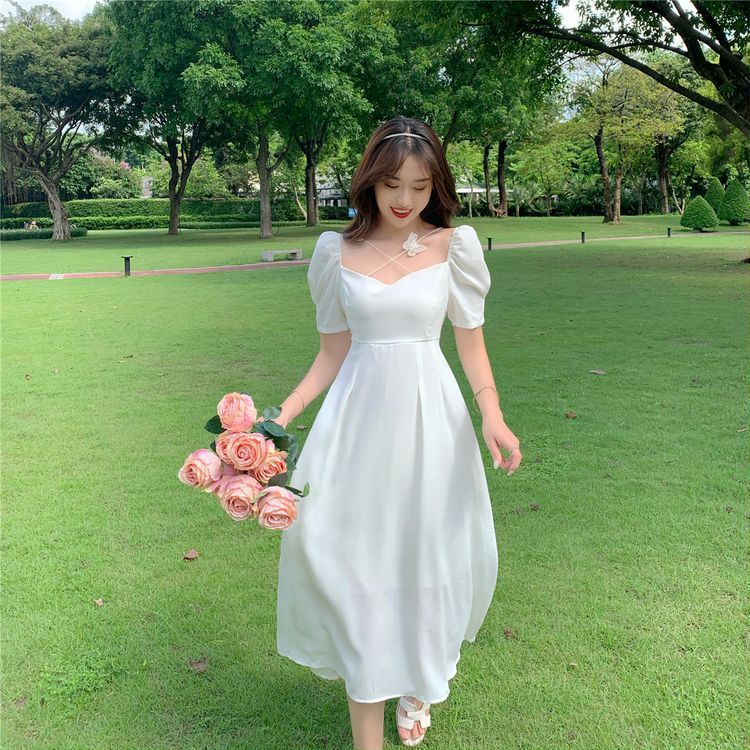 Bubble sleeve dress for women in summer, new French retro gentle style princess long dress, sweet first love dress