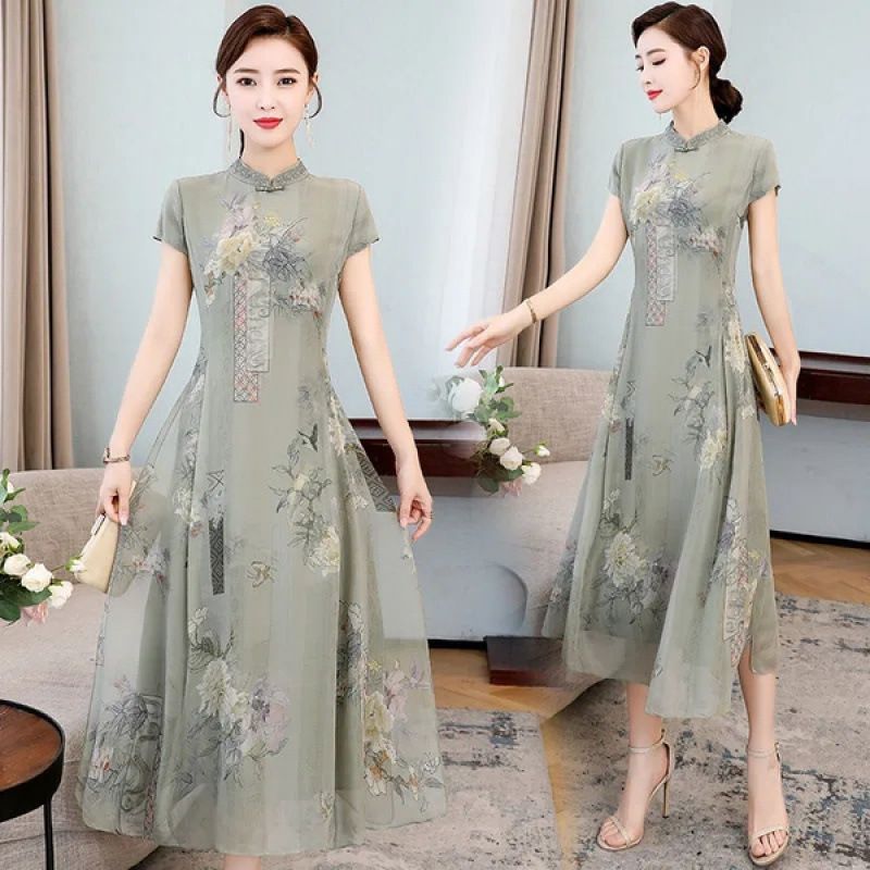 Summer New Year's New Middle aged Women's Cheongsam Improved Edition Kuaifu Mama's Short sleeved jumpsuit