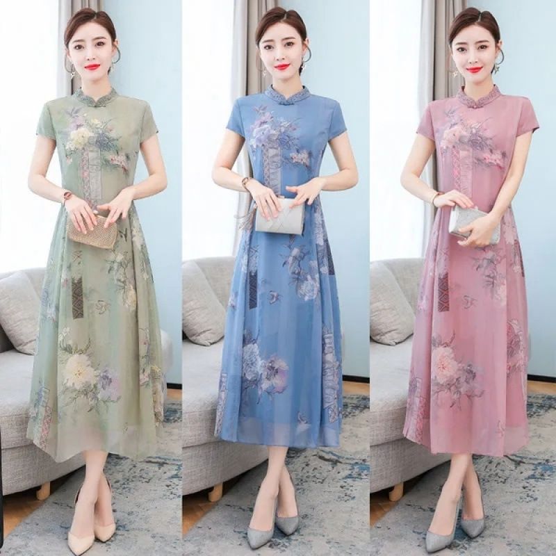 Summer New Year's New Middle aged Women's Cheongsam Improved Edition Kuaifu Mama's Short sleeved jumpsuit