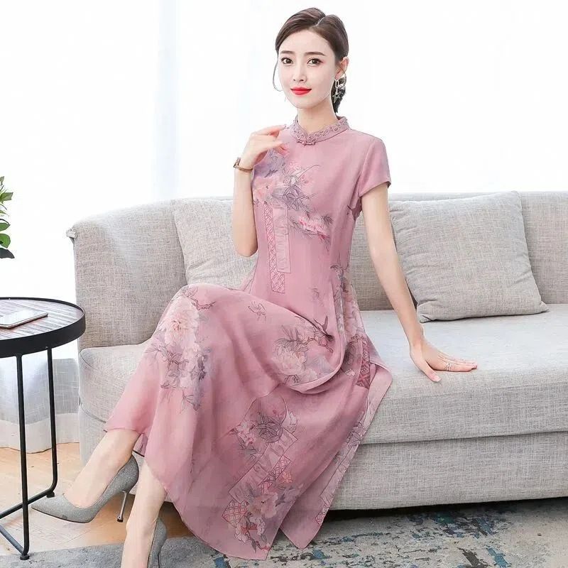 Summer New Year's New Middle aged Women's Cheongsam Improved Edition Kuaifu Mama's Short sleeved jumpsuit