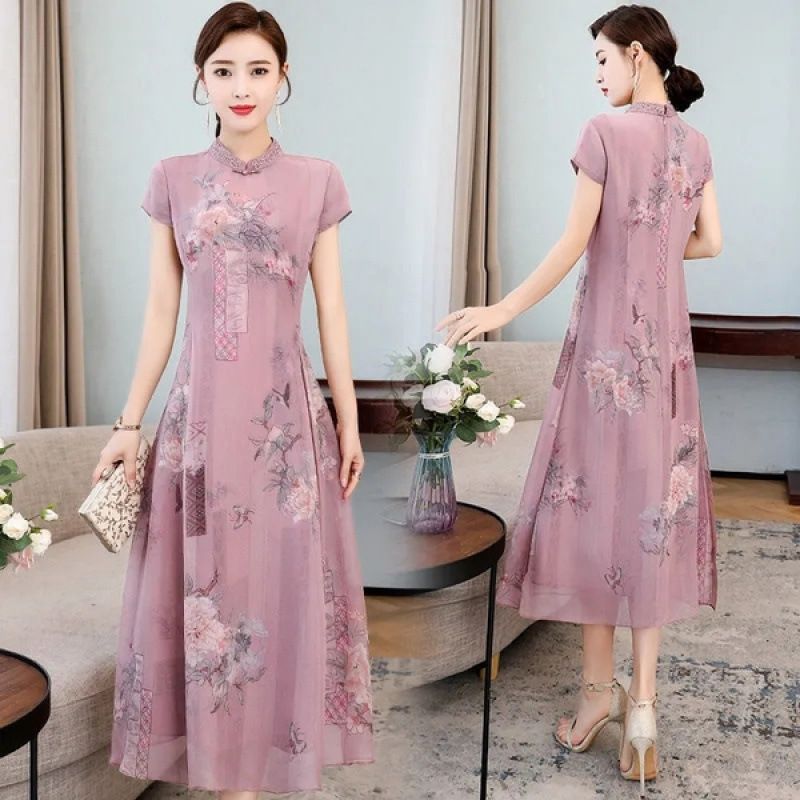 Summer New Year's New Middle aged Women's Cheongsam Improved Edition Kuaifu Mama's Short sleeved jumpsuit