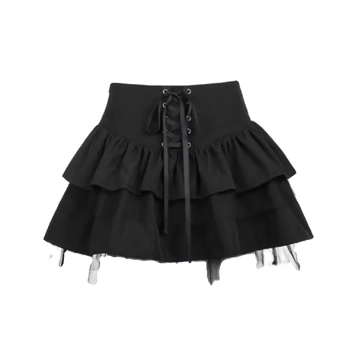 Dark Gothic Lolita COS Mesh Splicing Summer Puff Half length Skirt Spicy Girl y2k Tie up Skinny Cake Skirt