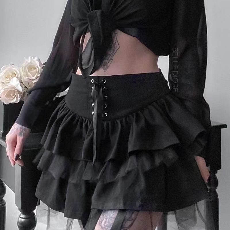 Dark Gothic Lolita COS Mesh Splicing Summer Puff Half length Skirt Spicy Girl y2k Tie up Skinny Cake Skirt