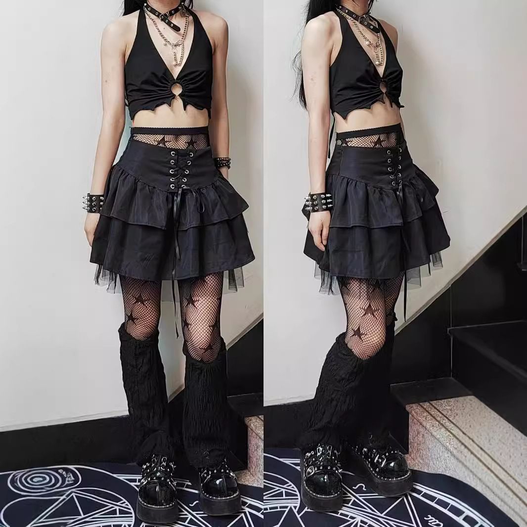 Dark Gothic Lolita COS Mesh Splicing Summer Puff Half length Skirt Spicy Girl y2k Tie up Skinny Cake Skirt