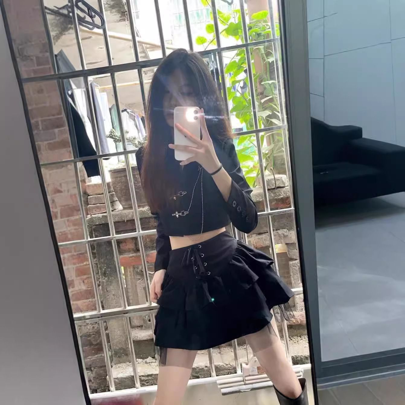 Dark Gothic Lolita COS Mesh Splicing Summer Puff Half length Skirt Spicy Girl y2k Tie up Skinny Cake Skirt