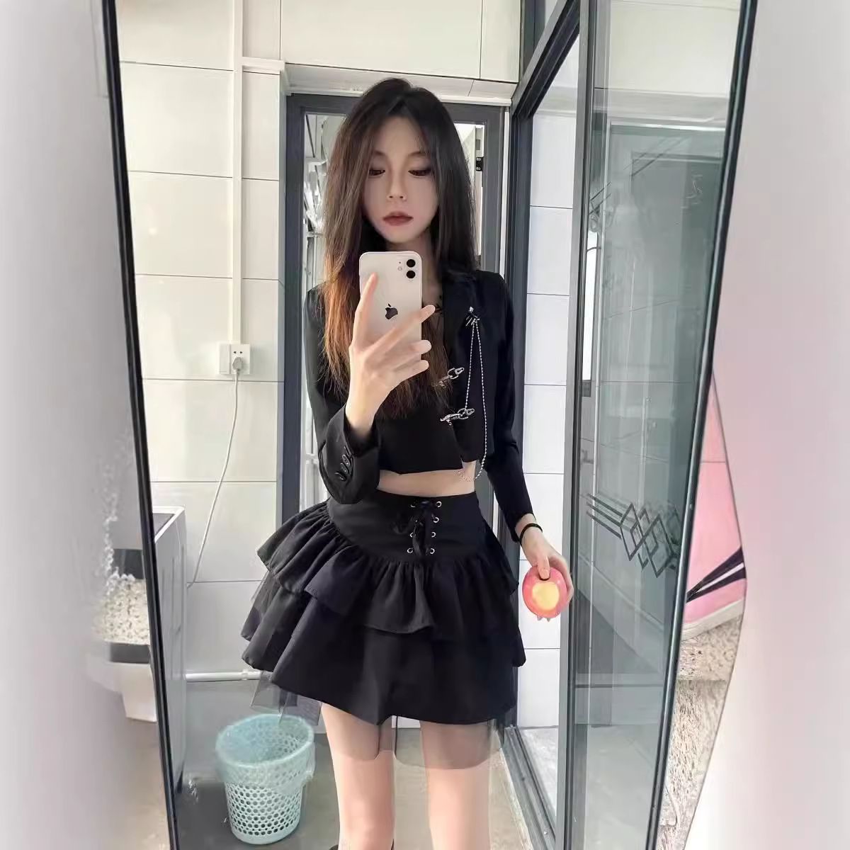 Dark Gothic Lolita COS Mesh Splicing Summer Puff Half length Skirt Spicy Girl y2k Tie up Skinny Cake Skirt