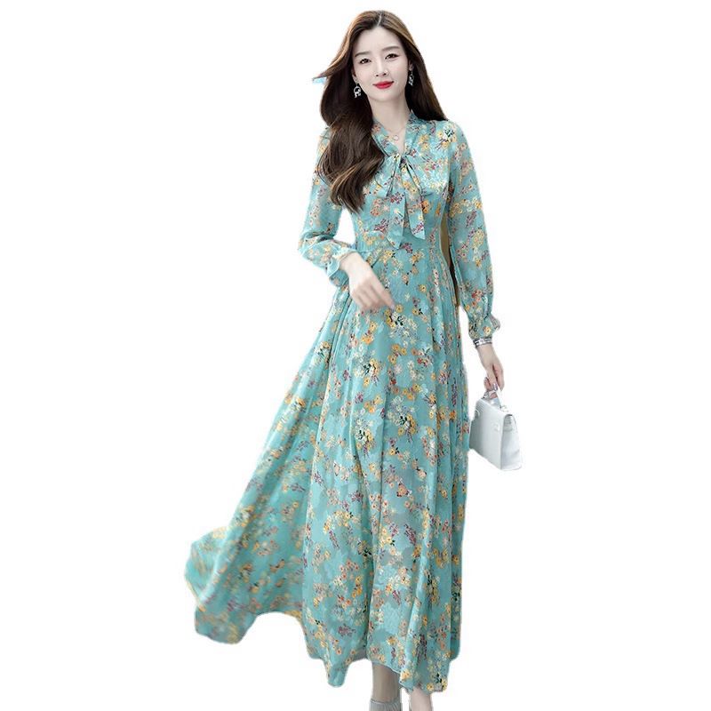 Spring and Autumn New Ladies' Dress with a cinched waist, slim fit, and knee length bow V-neck chiffon dress