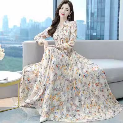 Spring and Autumn New Ladies' Dress with a cinched waist, slim fit, and knee length bow V-neck chiffon dress