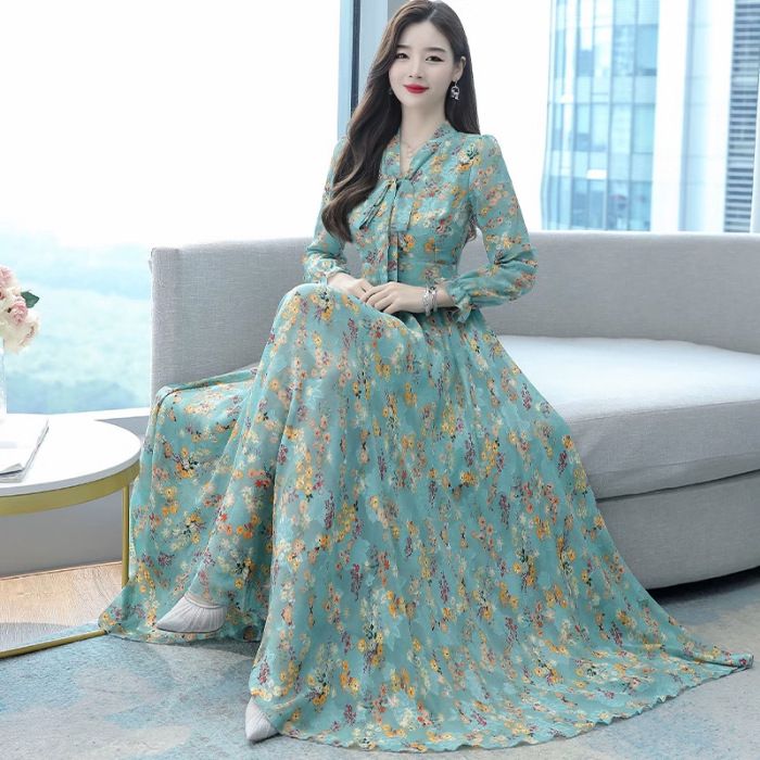 Spring and Autumn New Ladies' Dress with a cinched waist, slim fit, and knee length bow V-neck chiffon dress