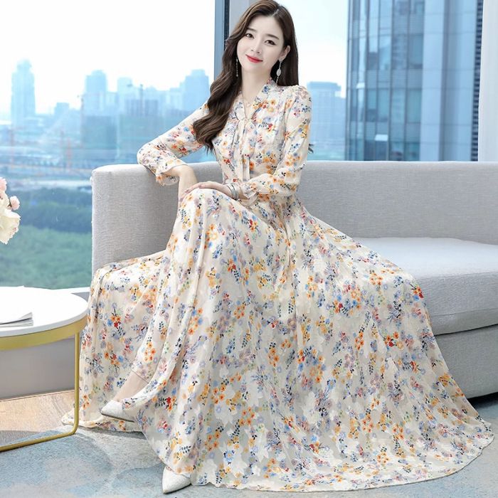 Spring and Autumn New Ladies' Dress with a cinched waist, slim fit, and knee length bow V-neck chiffon dress