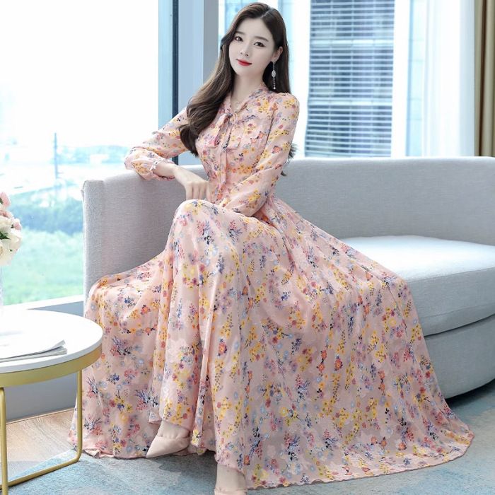Spring and Autumn New Ladies' Dress with a cinched waist, slim fit, and knee length bow V-neck chiffon dress
