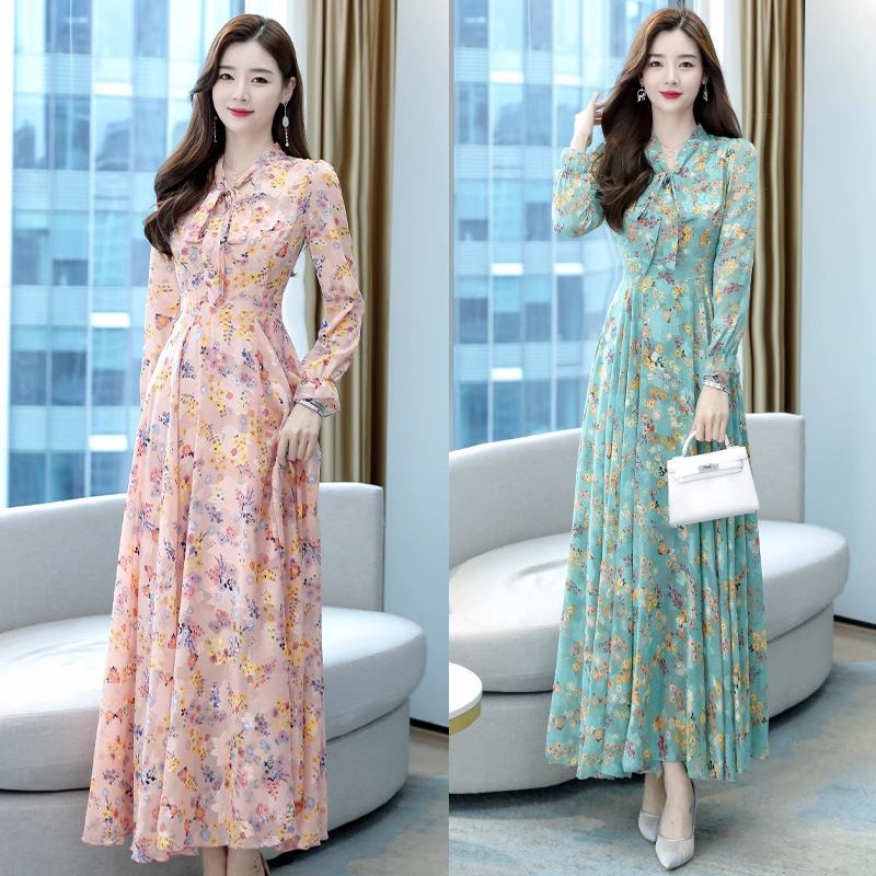 Spring and Autumn New Ladies' Dress with a cinched waist, slim fit, and knee length bow V-neck chiffon dress