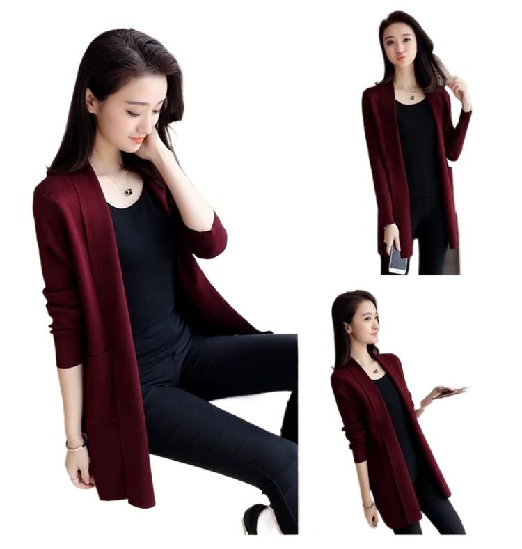 Office autumn outfit new Korean version versatile loose pocket mid length knitted cardigan sweater jacket women's long sleeved top