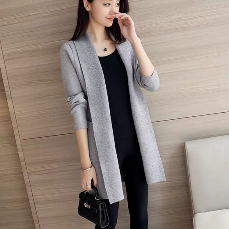 Office autumn outfit new Korean version versatile loose pocket mid length knitted cardigan sweater jacket women's long sleeved top
