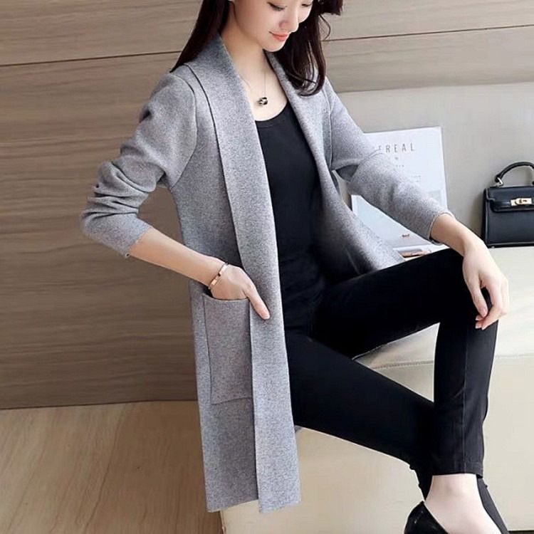 Office autumn outfit new Korean version versatile loose pocket mid length knitted cardigan sweater jacket women's long sleeved top