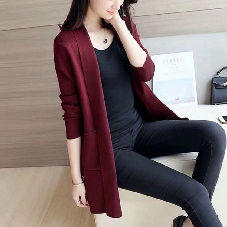 Office autumn outfit new Korean version versatile loose pocket mid length knitted cardigan sweater jacket women's long sleeved top