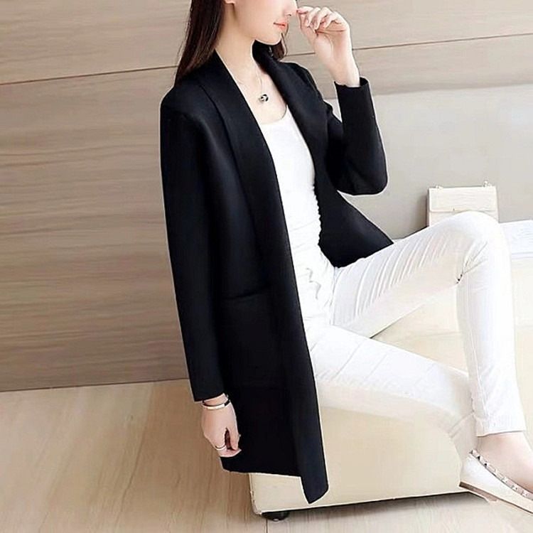 Office autumn outfit new Korean version versatile loose pocket mid length knitted cardigan sweater jacket women's long sleeved top