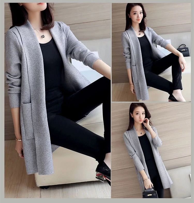 Office autumn outfit new Korean version versatile loose pocket mid length knitted cardigan sweater jacket women's long sleeved top