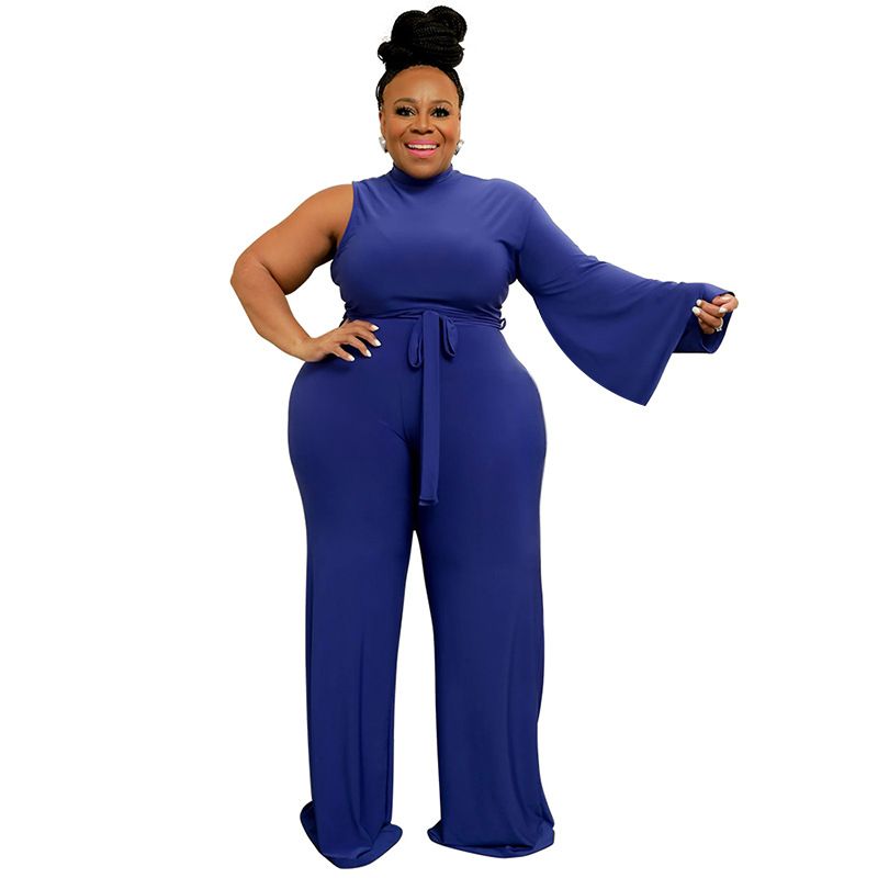 European and American fashion plus size women's clothing Amazon cross-border supply solid color strap diagonal shoulder trumpet sleeve jumpsuit