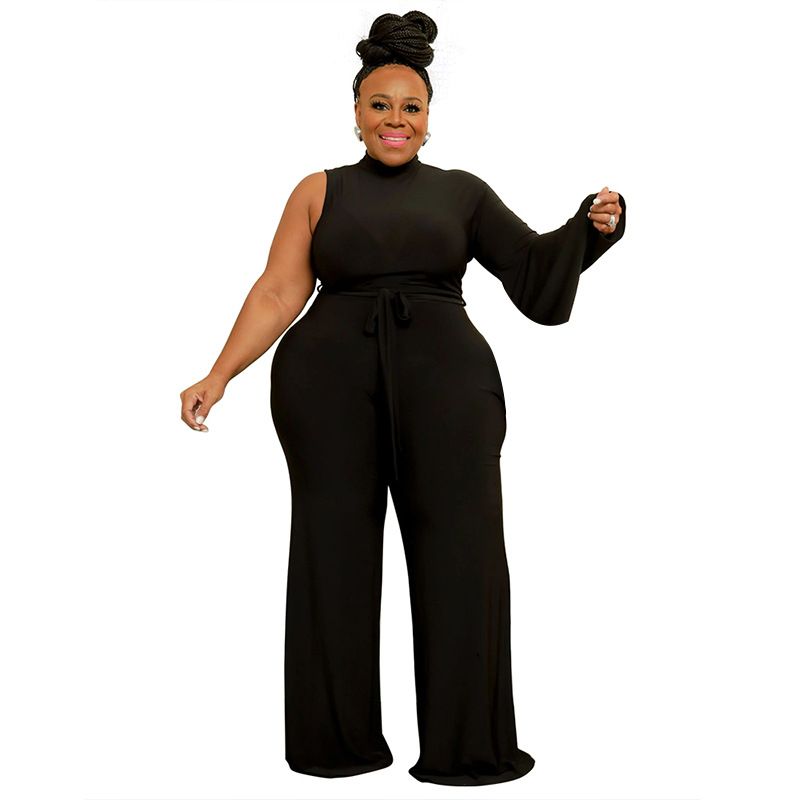 European and American fashion plus size women's clothing Amazon cross-border supply solid color strap diagonal shoulder trumpet sleeve jumpsuit