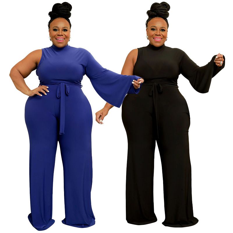 European and American fashion plus size women's clothing Amazon cross-border supply solid color strap diagonal shoulder trumpet sleeve jumpsuit