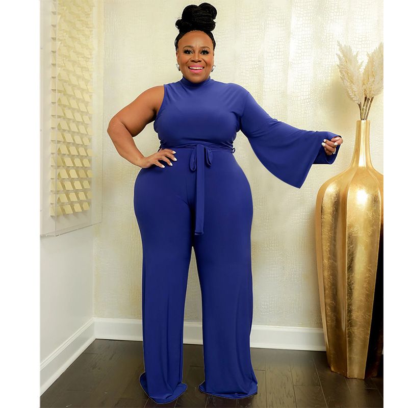European and American fashion plus size women's clothing Amazon cross-border supply solid color strap diagonal shoulder trumpet sleeve jumpsuit